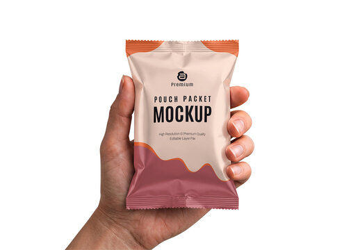 Hand Holding Pouch Packet Mockup