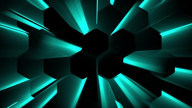 Abstract Blue Glowing Hexagonal Grid with Volumetric Light Rays Background