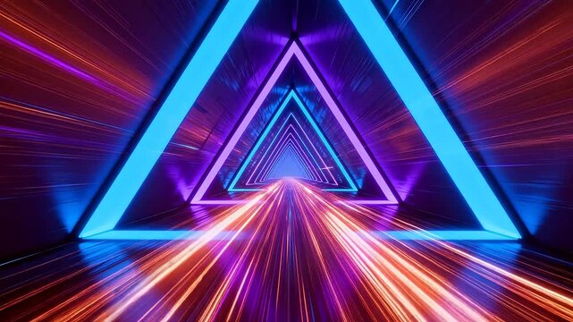 Futuristic neon tunnel with glowing triangular geometric patterns and depth perspective