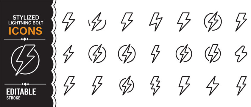 Black and white electric bolt symbol collection with lightning flash editable vector icons