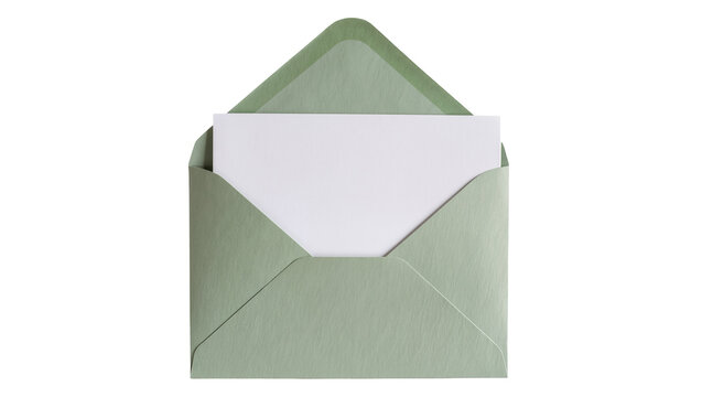 Open sage green envelope with white card inside, isolated on transparent background
