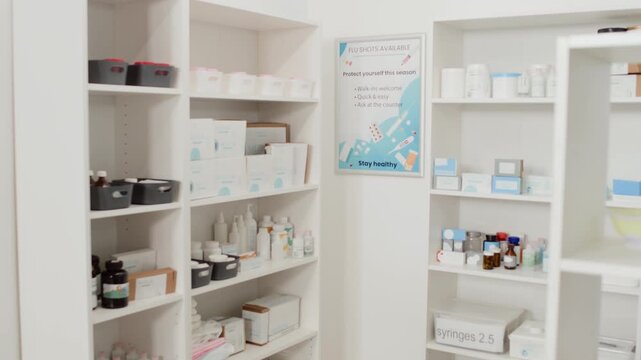 Background shot of storage room at pharmacy or in medical clinic with supplies and medications on shelves, featuring flu vaccine information poster on wall, copy space