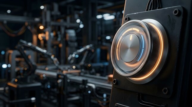 Futuristic control knob with glowing interface in an industrial factory