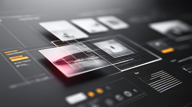 Futuristic user interface layout digital content management touchscreen display with floating image cards and grid overlay, sleek dark theme conveying modern workflow and creativity