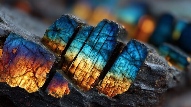 Close-up of iridescent labradorite crystals showcasing vibrant blue and golden hues