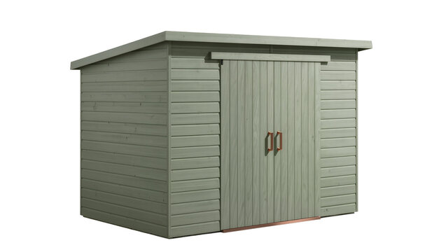 Green wooden garden shed with double doors, isolated on transparent background