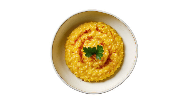 Golden saffron risotto with parsley garnish, isolated on transparent background