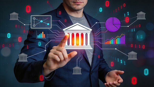 Fintech banking digital transformation concept, businessman interacting with holographic bank building, financial charts, binary code and blockchain technology representing future