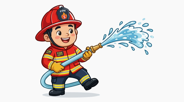 A brave firefighter heroically uses a water hose to extinguish flames. This captivating illustration portrays a firefighter at work