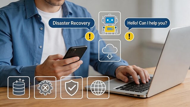 Man using laptop and smartphone for disaster recovery and technical support services, featuring chatbot assistance and cloud backup solutions for business continuity and IT