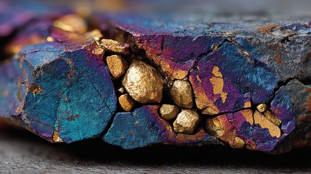 Close-up of iridescent chalcopyrite with gold inclusions
