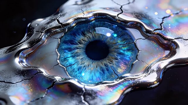 Blue human eye iris macro close-up with iridescent cracked texture and dark background
