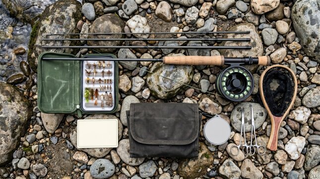 Fly fishing gear laid out on rocky riverbed beside shallow stream morning