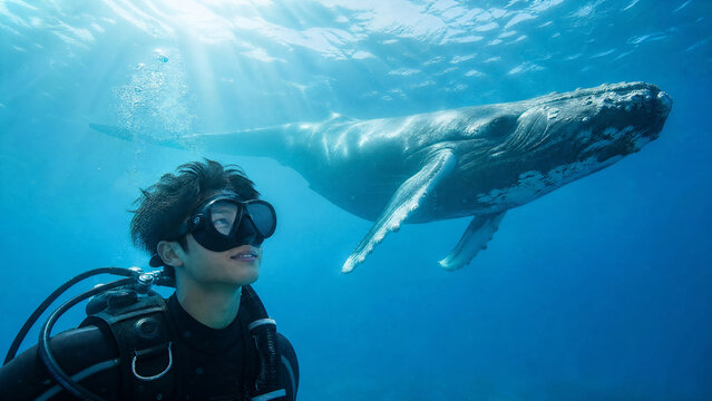 고래와 함께 잠수하는 스노클러 / Snorkeler Diving Near a Whale