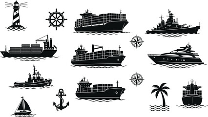 Marine transportation silhouette collection featuring cargo ships yachts warships lighthouse and nautical navigation vector icons © Limon