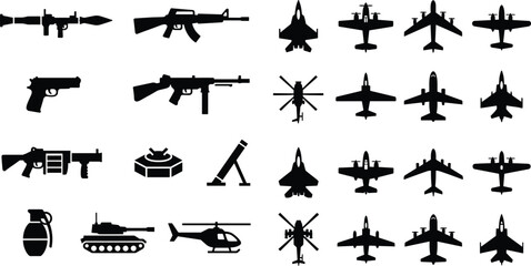 Military aircraft and weapon silhouette set featuring fighter jets helicopters tanks and defense equipment vector icons © Limon