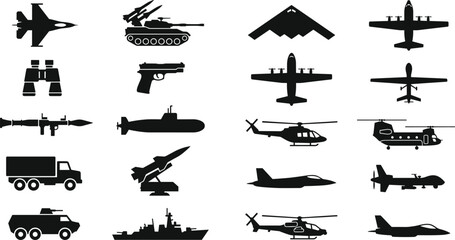 Military aircraft and defense vehicle silhouette set featuring fighter jets helicopters tanks and combat transport icons © Limon