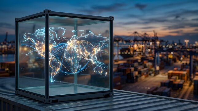 Glowing digital world map inside a glass cube at a shipping port terminal