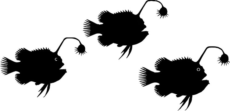 Group of anglerfish silhouettes in stylized deep sea environment