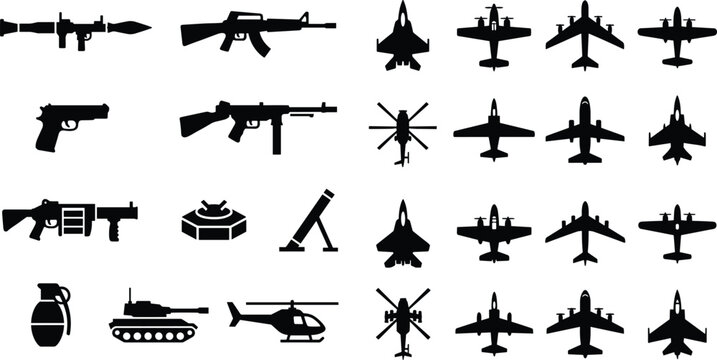Military aircraft and weapon silhouette set featuring fighter jets helicopters tanks and defense equipment vector icons