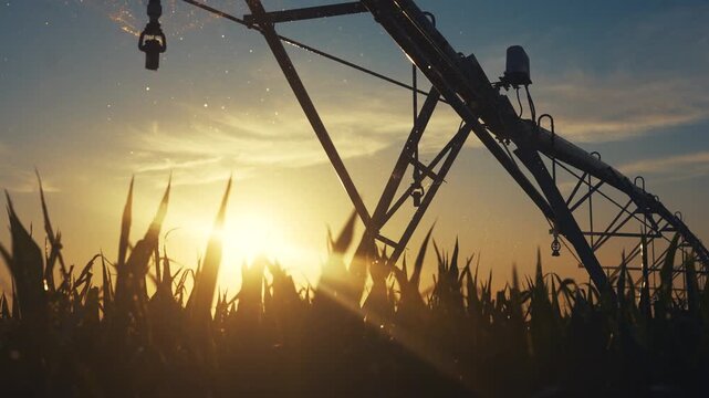 The sun sets behind the irrigation system, casting sun rays over the corn field and corn stalks. Corn stalks stand tall as the sun and irrigation machinery define the sunset scene.