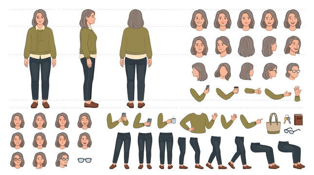 Animated middle aged female character constructor kit featuring casual woman in front side and back views with diverse body part posture pose and gesture for modular vector illustration set.