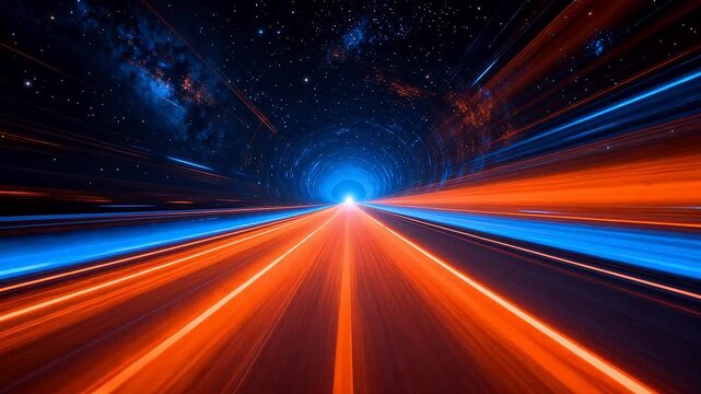 Sci-fi space tunnel with red and blue neon light trails and starry background