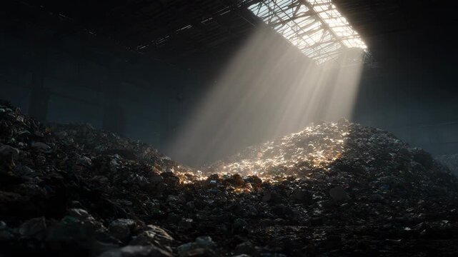 Sunlight streaming through skylight onto rubble pile