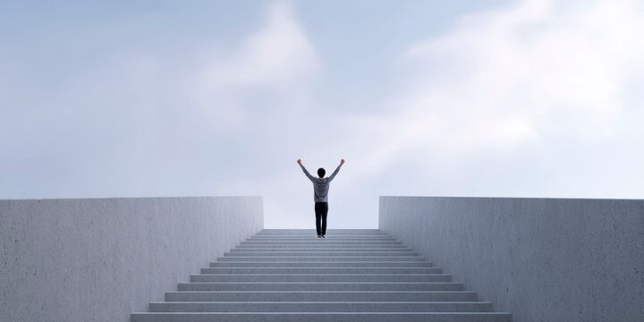 a person standing at the top of an endless staircase, arms raised in victory against a clear sky. the stairs lead to infinity
