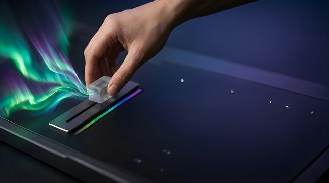 Hand sliding a digital control knob to activate aurora light effects