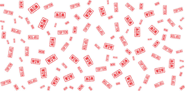 Red rubber stamp pattern with words mom wow and top ten on transparent background