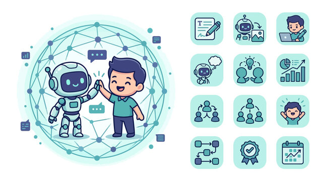 Chibi style flat vector illustration of a smiling robot and boy giving a high-five inside a digital network sphere, featuring twelve business and AI technology icons on the side.