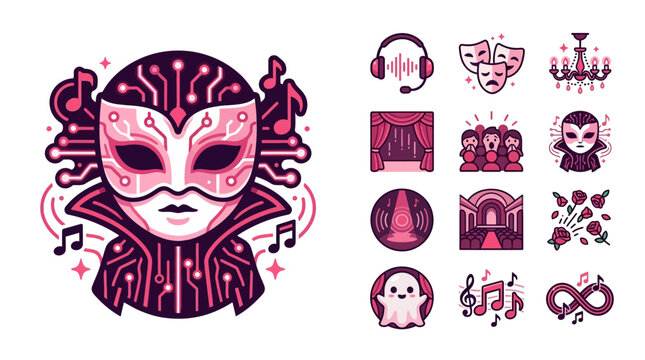 Vector illustration collection of theater and opera elements featuring a stylized phantom mask with circuit board patterns, stage curtains, chandelier, tragedy masks, and music notes.
