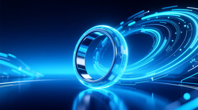 A gleaming quantum ring encircled by dynamic digital vortex lines generates futuristic spiral energy on indigo background offering compelling visual for technology