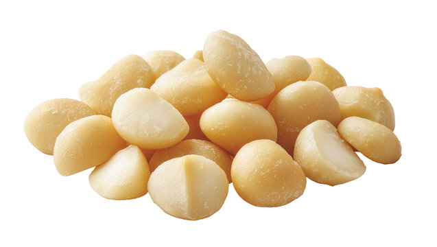 Pile of raw macadamia nuts whole and halved, isolated on transparent background