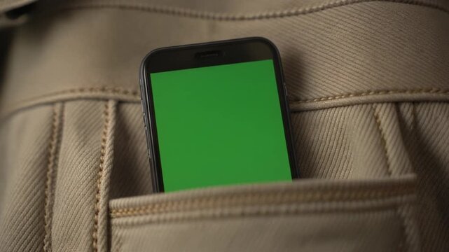 Green screen smartphone inside a khaki pocket for mockup replacement