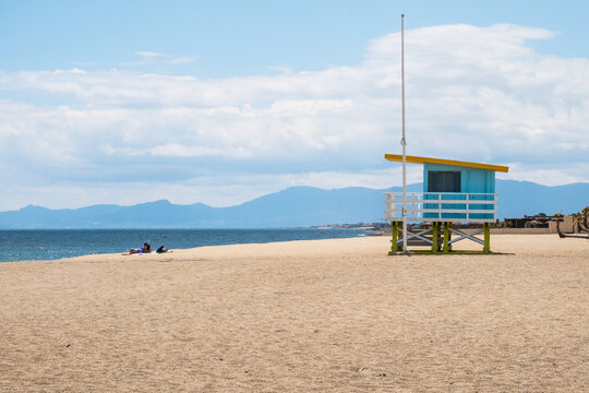 Lifeguard tower and beach at the coastline of the Mediterranean sea in Port Barcar&egrave;s - France