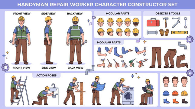 Professional Handyman Plumber Character Kit for Animation with Repair Worker in Uniform, Featuring Multiple Poses, Front, Side, and Back Views, and Body Parts Set for Vector Illustration Creation