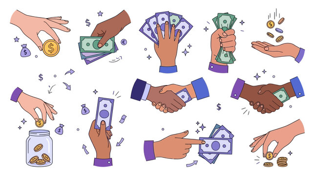 Diverse collection of human hands holding currency, metal coins, paper banknotes, and wealth in various gestures. Financial investment, charity donation concept, vector graphics on white background.