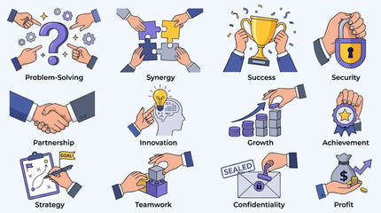 Fototapeta premium Diverse collection of human hand gestures featuring business characters pointing at question mark, assembling jigsaw puzzle pieces, holding golden winner trophy cup, and securing a safety padlock.