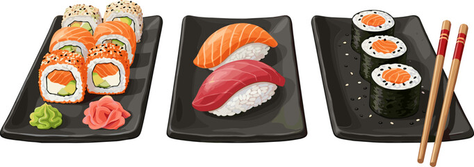 Japanese Sushi Vector Set Featuring Salmon Nigiri, Tuna Sushi, Maki Rolls, California Rolls, Wasabi, Ginger, and Chopsticks for Asian Restaurant Menus and Food Graphic Designs © MstBobita