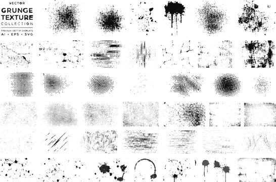 Set of grunge textures, vector distressed overlays, ink splatters and halftone patterns