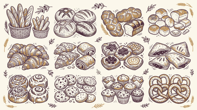 Handdrawn artistic collection of assorted bakery product featuring crusty artisan bread flaky croissant sweet pastry and savory bun presented as vintage ink sketch doodle vector