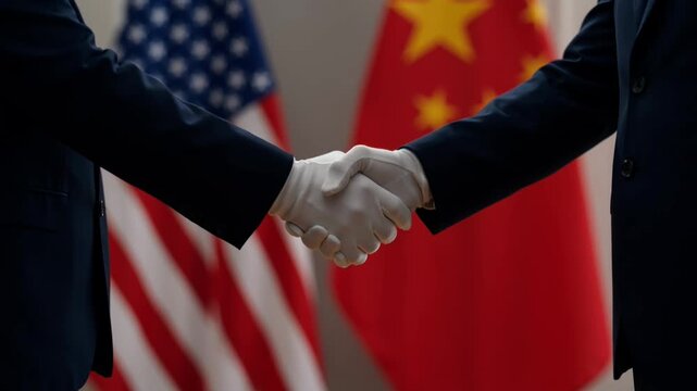 Diplomatic handshake between USA and China with flags background