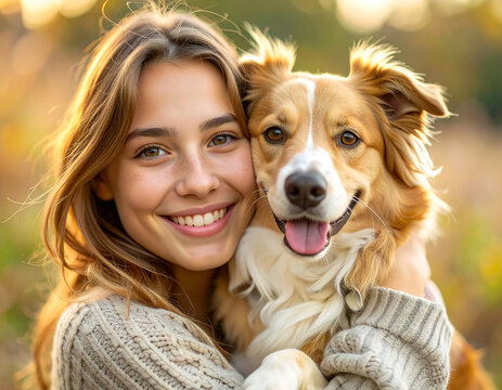 Mujer joven sonriente abrazando a su perro feliz, rcon emoci&oacute;n, conexi&oacute;n y cari&ntilde;o entre persona y mascota para campa&ntilde;as de bienestar, cuidado animal, seguros y adopci&oacute;n
