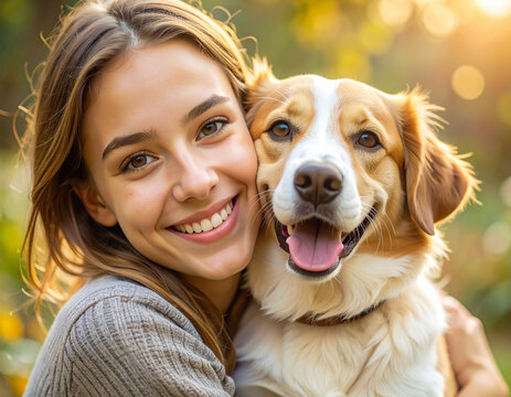 Mujer joven sonriente abrazando a su perro feliz, rcon emoci&oacute;n, conexi&oacute;n y cari&ntilde;o entre persona y mascota para campa&ntilde;as de bienestar, cuidado animal, seguros y adopci&oacute;n