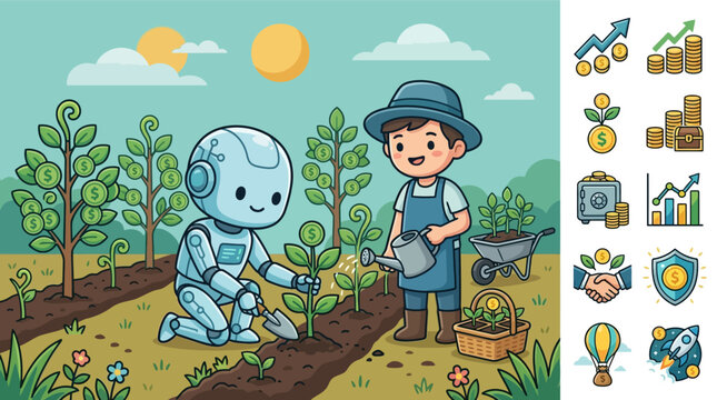Chibi style vector of a small robot and human boy watering plants that grow money coins in a garden setting with financial growth icons for investment and banking themes.