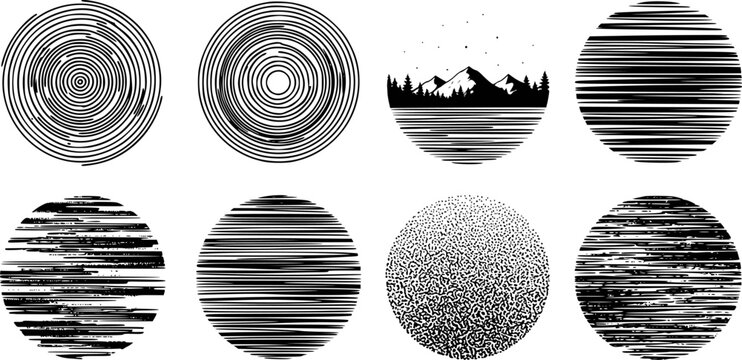 Collection of black and white abstract circular with nature scene circle pattern