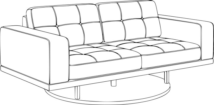 Line of a modern tufted sofa with swivel base white background, couch furniture