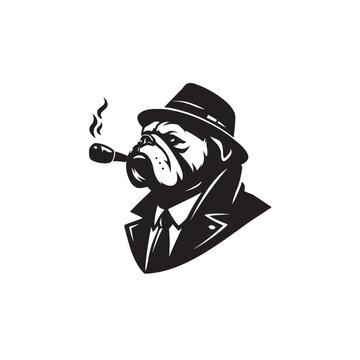 Vintage bulldog detective mascot vector, classic mafia dog wearing fedora hat and suit, smoking pipe bulldog character illustration